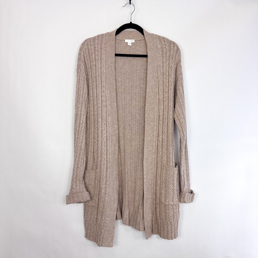 J. Jill Beige Cable Knit Long Open Wool Blend Cardigan Sweater